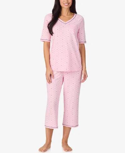 Cuddl Duds Printed Elbow-sleeve Top & Capri Pants Pajama Set In Pink