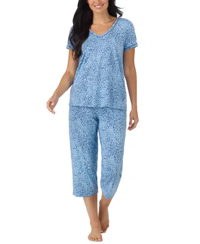 Cuddl Duds Printed Elbow-sleeve Top & Capri Pants Pajama Set In Blue