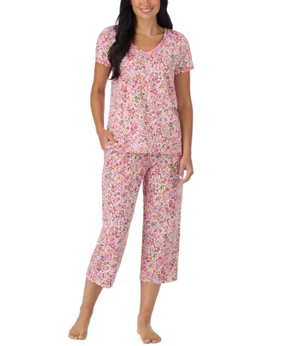 Cuddl Duds Printed Elbow-sleeve Top & Capri Pants Pajama Set In Pink