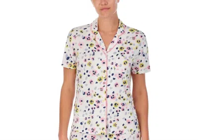 Cuddl Duds Printed Knit Shorts Pajama Top In Muticolor In White