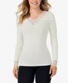Cuddl Duds Petite Softwear V-neck Lace Top In White
