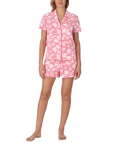 Cuddl Duds Women's 2-pc. Notched-collar Shortie Pajamas Set In Coral Print