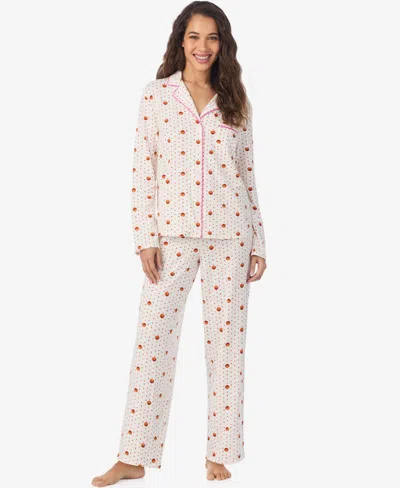 Cuddl Duds Women's Long Sleeve Notch Collar Top And Long Pants Pajama Set In White