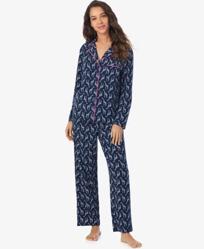 Cuddl Duds Women's Long Sleeve Notch Collar Top And Long Pants Pajama Set In Blue