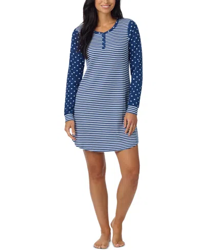 Cuddl Duds Women's Long-sleeve Brushed Waffle-knit Henley Sleep Shirt In Blue