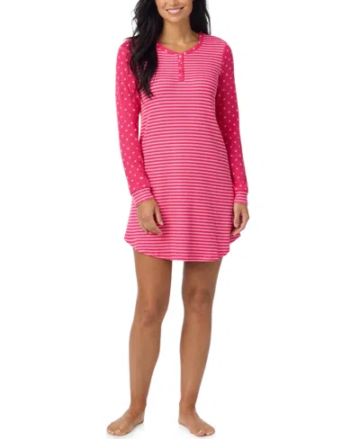 Cuddl Duds Women's Long-sleeve Brushed Waffle-knit Henley Sleep Shirt In Pink