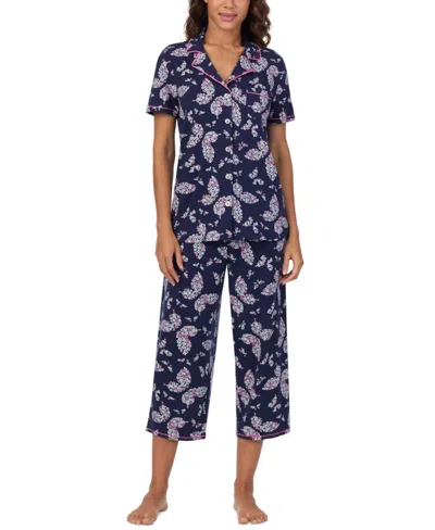 Cuddl Duds Women's Printed Collared Cropped Pajama Set In Navy Print
