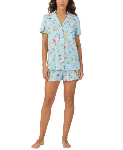 Cuddl Duds Women's Printed Short-sleeve Boxer Pajama Set In Blue