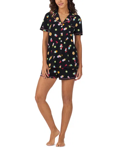 Cuddl Duds Women's Printed Short-sleeve Boxer Pajama Set In Blk Novel