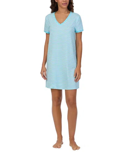 Cuddl Duds Women's Printed Short-sleeve Sleepshirt In Aqua Stripe