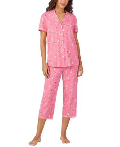 Cuddl Duds Women's Short-sleeve Cropped Pajama Set In Pink