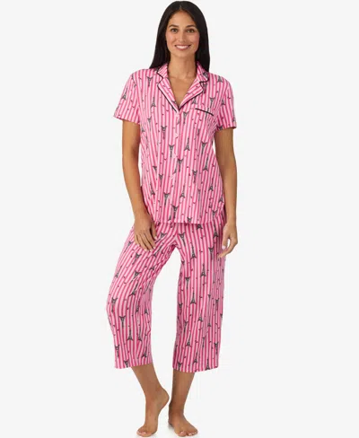 Cuddl Duds Women's Short Sleeve Notch Collar Pj Set In Pink