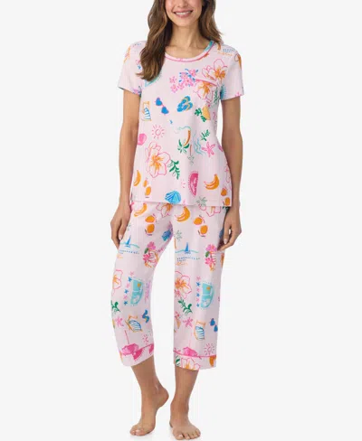 Cuddl Duds Women's Short-sleeve Top And Cropped Pajama Pants, 2-piece Set In Pink