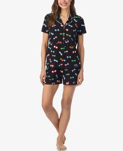 Cuddl Duds Women's Short-sleeve Top And Pull-on Pajama Shorts, 2-piece Set In Black