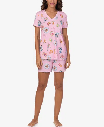 Cuddl Duds Women's Short-sleeve V-neck Top And Boxer Jersey, 2-piece Pajama Set In Pink