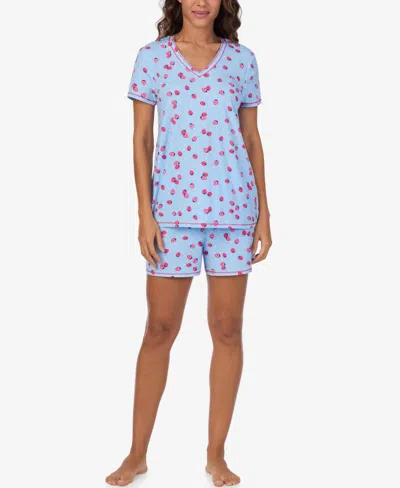 Cuddl Duds Women's Short-sleeve V-neck Top And Boxer Jersey, 2-piece Pajama Set In Blue