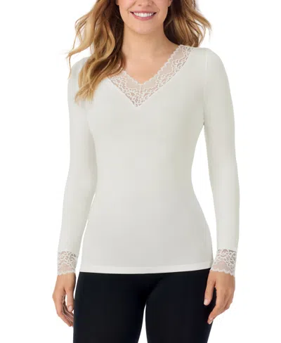 Cuddl Duds Women's Softwear With Stretch Long Sleeve V-neck With Lace Sleep Top In White