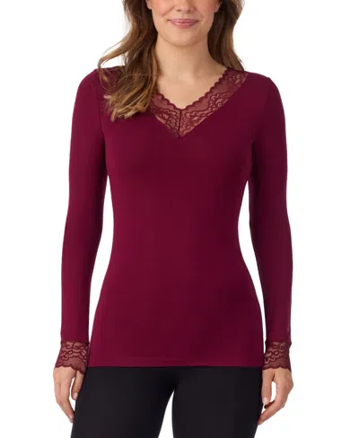 Cuddl Duds Women's Softwear With Stretch Long Sleeve V-neck With Lace Sleep Top In Burgundy