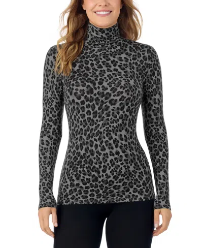 Cuddl Duds Women's Softwear With Stretch Long-sleeve Turtleneck Top In Black Animal Print