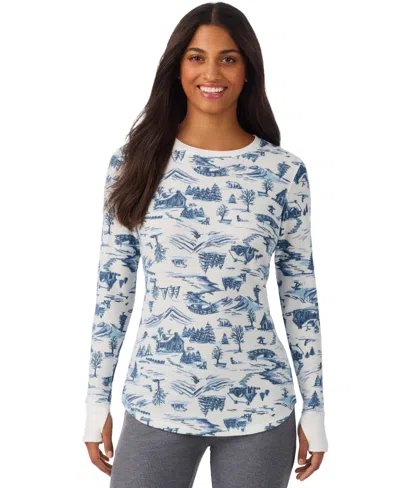 Cuddl Duds Women's Waffle-knit Thermal Stretch Long-sleeve Crew-neck Top In Blue