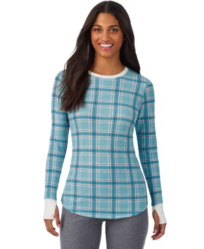 Cuddl Duds Women's Waffle-knit Thermal Stretch Long-sleeve Crew-neck Top In Blue
