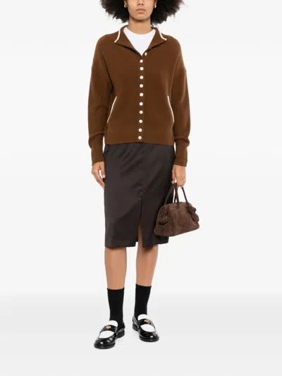 Cuddleup Contrast-trim Front-button Cardigan In Brown