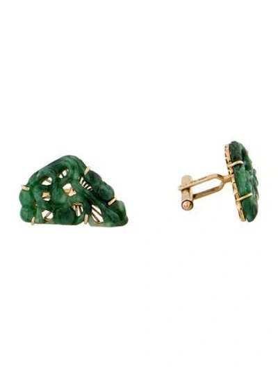 Pre-owned Cufflinks 14k Jadeite Carved Flower & Gourd  In Multi