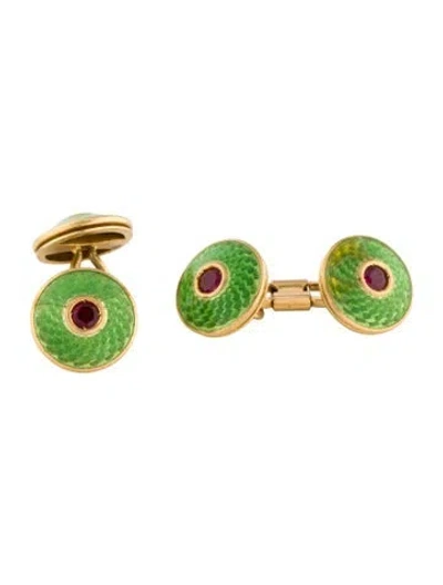 Pre-owned Cufflinks 18k Ruby & Enamel French Guilloche  In Green