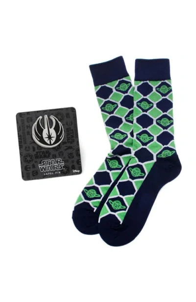 Cufflinks, Inc . Checkered Yoda Socks & Jedi Lapel Pin Gift Set In Blue