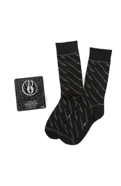 Cufflinks, Inc . Green Lightsaber Socks & Jedi Lapel Pin Gift Set In Black