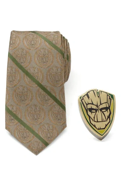Cufflinks, Inc . I Am Groot Silk Blend Tie & Lapel Pin Gift Set In Brown Multi