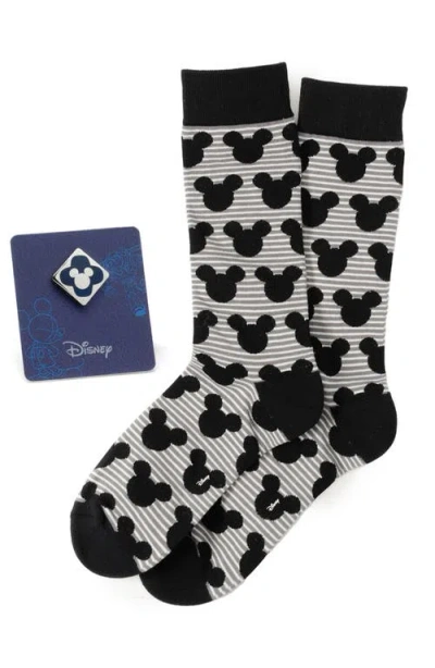 Cufflinks, Inc . Mickey Grey Stripe Crew Socks & Lapel Pin Set In Black