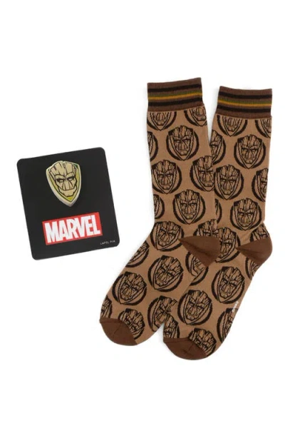 Cufflinks, Inc . X Marvel Groot Cotton Blend Dress Socks & Lapel Pin Set In Brown