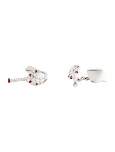 Pre-owned Cufflinks Platinum Pearl, Diamond, & Enamel Racquet  In Red