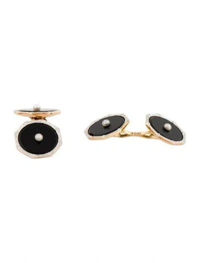 Pre-owned Cufflinks Vintage 14k Cultured Pearl & Onyx  In Multi