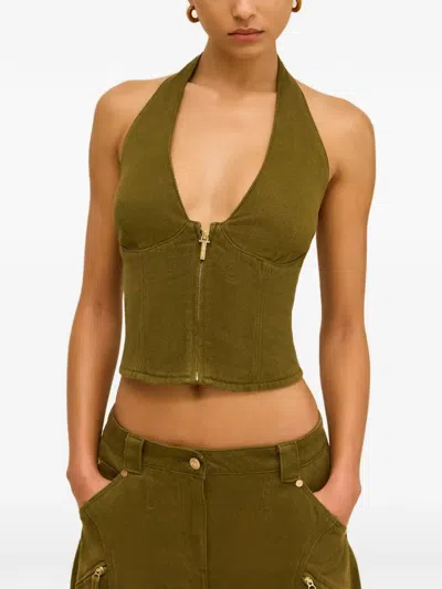 Cult Gaia Davey Zip Front Twill Halter Top In Green