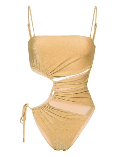 Cult Gaia Allegra Cutout Ruched Metallic Swimsuit In Gold