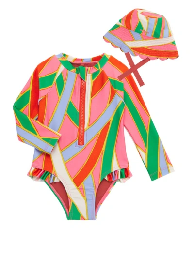 Cult Gaia Baby Girl's Bijou Rashguard One-piece Swimsuit & Hat Set In Vintage Stripe Print