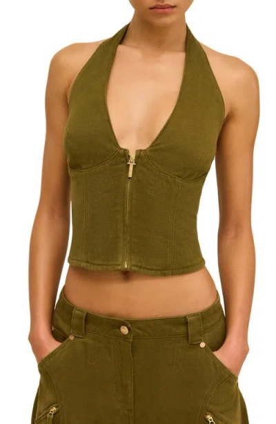 Cult Gaia Davey Zip Front Twill Halter Top In Green