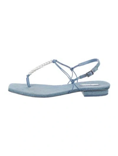 Pre-owned Cult Gaia Denim Beaded Accents T-strap Sandals In Blue