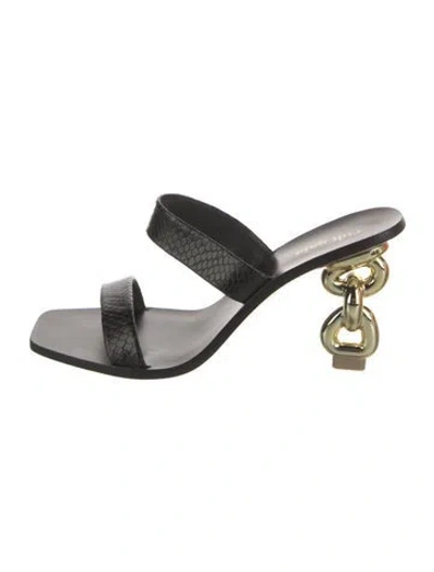 Pre-owned Cult Gaia Embossed Leather Animal Print Slides In Black