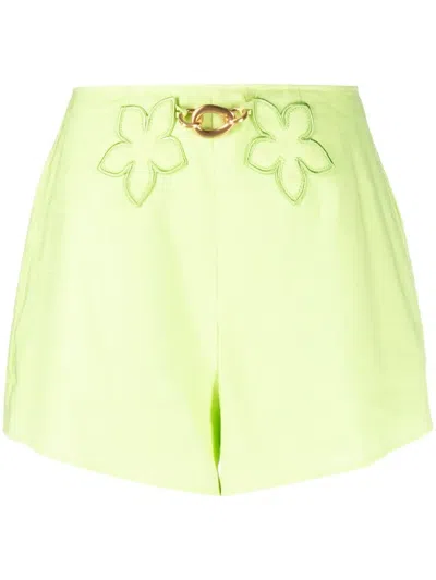 Cult Gaia Flower Appliqué Linen-blend Shorts In Mantis