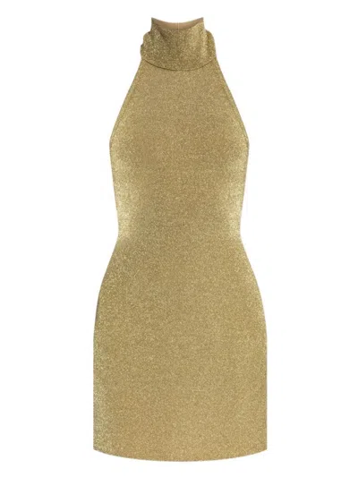 Cult Gaia Kaylilah Metallic Knitted Open-back Turtleneck Mini Dress In Gold