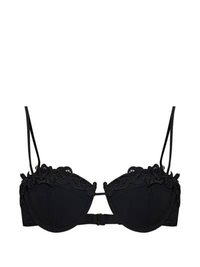 Cult Gaia Greta Flower-embroidered Bikini Top In Black