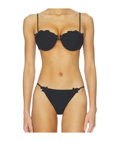 Cult Gaia Greta Flower-embroidered Bikini Top In Black