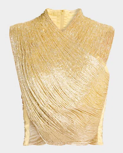 Cult Gaia Haisley Cropped Satin-trimmed Beaded Mesh Top In Gold