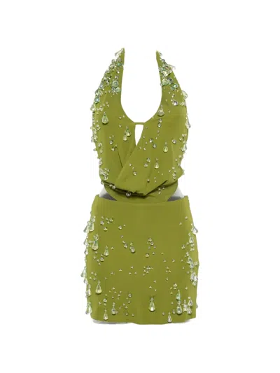 Cult Gaia Issey Bead-embellished Halterneck Mini Dress In Green