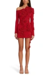 Cult Gaia Kaela Floral Appliqué One-shoulder Long Sleeve Sweater Minidress In Merlot