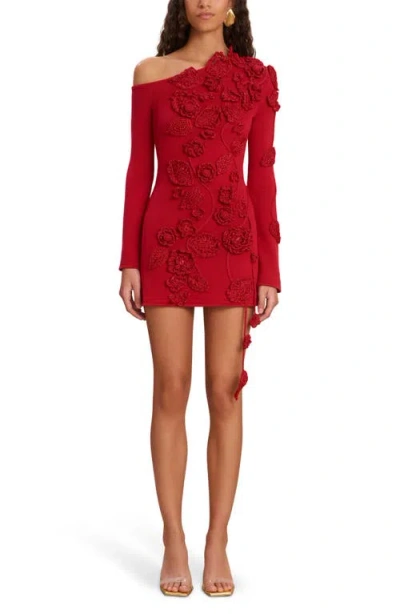 Cult Gaia Kaela Floral Appliqué One-shoulder Long Sleeve Sweater Minidress In Merlot