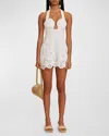 CULT GAIA KAILANI SWEETHEART EMBROIDERED LINEN BACKLESS HALTER MINI DRESS